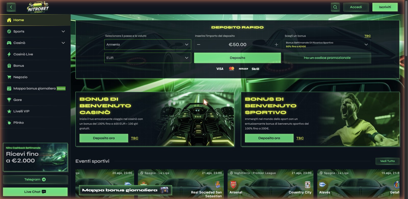 Homepage di Nitrobet Casino con sezione deposito rapido e bonus di benvenuto